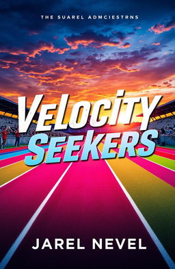 A dynamic and captivating cover design for a novel titled 'Velocity Seekers' featuring a vibrant and energetic running track