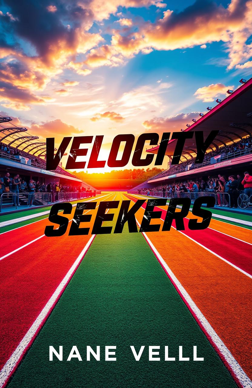 A dynamic and captivating cover design for a novel titled 'Velocity Seekers' featuring a vibrant and energetic running track