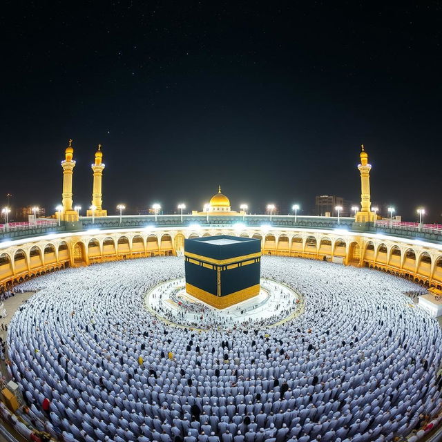 A stunning panoramic view of Mecca, showcasing the Kaaba at the center, surrounded by a sea of pilgrims in white Ihram clothing performing Tawaf