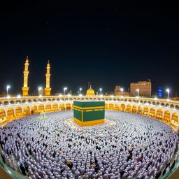 A stunning panoramic view of Mecca, showcasing the Kaaba at the center, surrounded by a sea of pilgrims in white Ihram clothing performing Tawaf