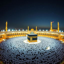 A stunning panoramic view of Mecca, showcasing the Kaaba at the center, surrounded by a sea of pilgrims in white Ihram clothing performing Tawaf