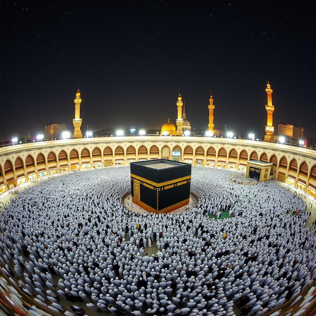 A stunning panoramic view of Mecca, showcasing the Kaaba at the center, surrounded by a sea of pilgrims in white Ihram clothing performing Tawaf