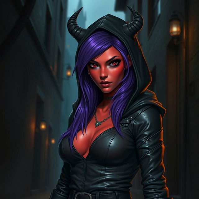 A female tiefling rogue character standing in a mysterious, dimly lit alley