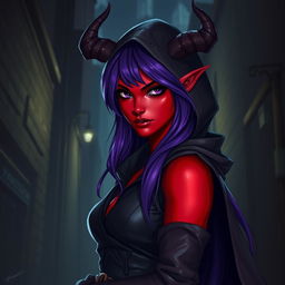 A female tiefling rogue character standing in a mysterious, dimly lit alley