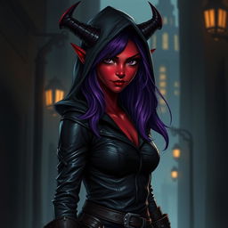 A female tiefling rogue character standing in a mysterious, dimly lit alley