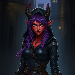 A female tiefling rogue character standing in a mysterious, dimly lit alley