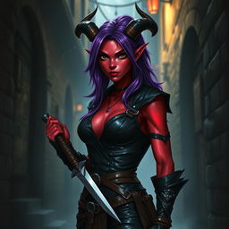 A female tiefling rogue standing confidently, showcasing her striking features: she has deep black eyes that pierce through the air, vibrant purple hair cascading down her shoulders, and smooth, fiery red skin that glistens