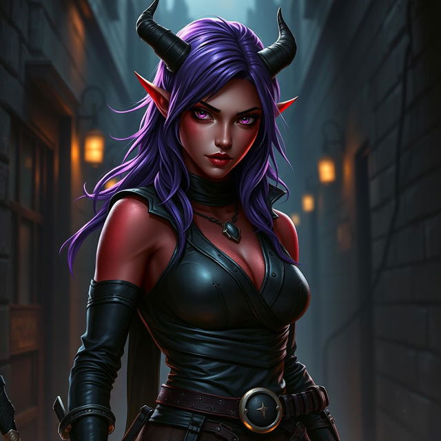 A female tiefling rogue standing confidently, showcasing her striking features: she has deep black eyes that pierce through the air, vibrant purple hair cascading down her shoulders, and smooth, fiery red skin that glistens