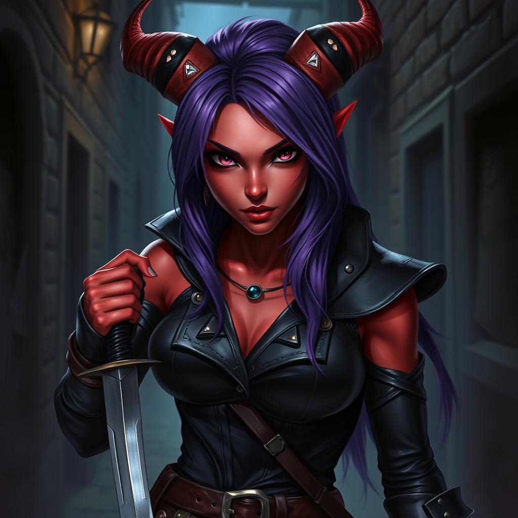 A female tiefling rogue standing confidently, showcasing her striking features: she has deep black eyes that pierce through the air, vibrant purple hair cascading down her shoulders, and smooth, fiery red skin that glistens