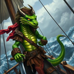 A fierce half-dragon pirate standing confidently on the deck of a ship, with one hand resting on a sword and the other gripping the ship's railing