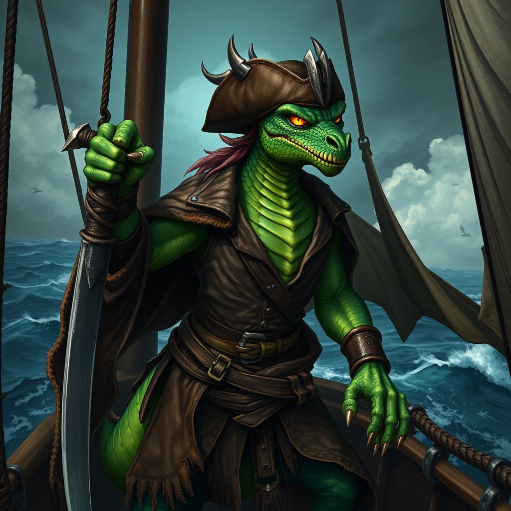 A fierce half-dragon pirate standing confidently on the deck of a ship, with one hand resting on a sword and the other gripping the ship's railing