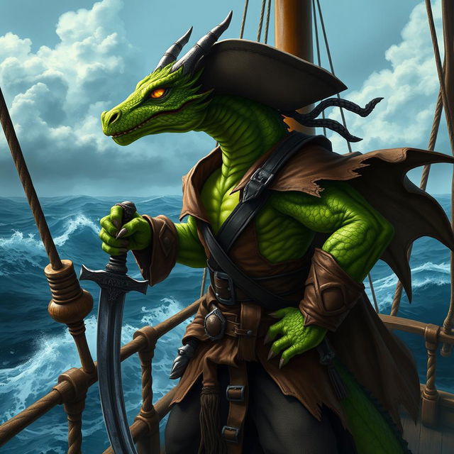 A fierce half-dragon pirate standing confidently on the deck of a ship, with one hand resting on a sword and the other gripping the ship's railing