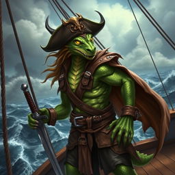 A fierce half-dragon pirate standing confidently on the deck of a ship, with one hand resting on a sword and the other gripping the ship's railing