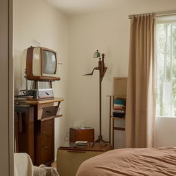 A neutrally toned single room arrangement with a comfortable mattress, wooden shoe rack, sleek television stand, a vintage clothing box, an old-fashioned sewing machine, a mini drawer full of odds and ends, and a window allowing soft light to enter, situated right next to the door.