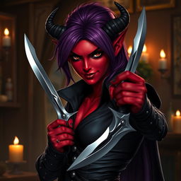 A fierce female tiefling rogue, characterized by her vibrant red skin and striking purple hair, is expertly playing with a pair of elegant daggers
