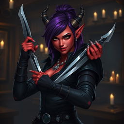 A fierce female tiefling rogue, characterized by her vibrant red skin and striking purple hair, is expertly playing with a pair of elegant daggers