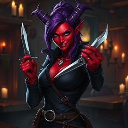 A fierce female tiefling rogue, characterized by her vibrant red skin and striking purple hair, is expertly playing with a pair of elegant daggers