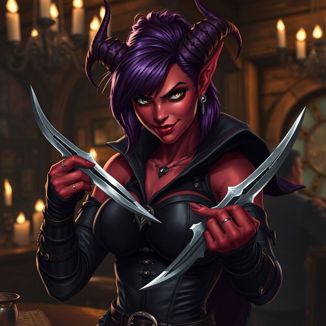 A fierce female tiefling rogue, characterized by her vibrant red skin and striking purple hair, is expertly playing with a pair of elegant daggers