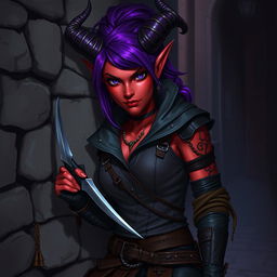 A fierce female tiefling rogue with striking red skin and vibrant purple hair, her intense black eyes glimmering with a mischievous glint