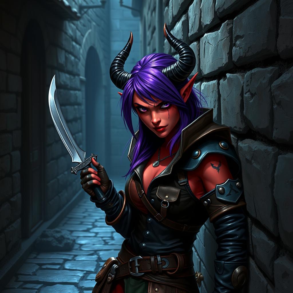 A fierce female tiefling rogue with striking red skin and vibrant purple hair, her intense black eyes glimmering with a mischievous glint