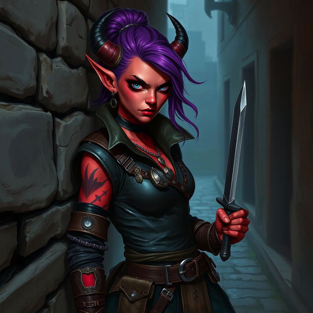 A fierce female tiefling rogue with striking red skin and vibrant purple hair, her intense black eyes glimmering with a mischievous glint