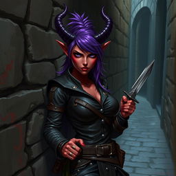 A fierce female tiefling rogue with striking red skin and vibrant purple hair, her intense black eyes glimmering with a mischievous glint