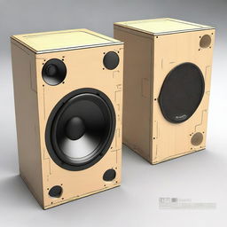 This is a detailed 3D digital rendering of a speaker box, showing both the exterior and interior components