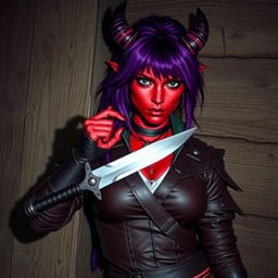 A neutral female tiefling rogue with vibrant red skin and striking purple hair