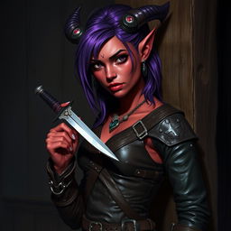 A neutral female tiefling rogue with vibrant red skin and striking purple hair