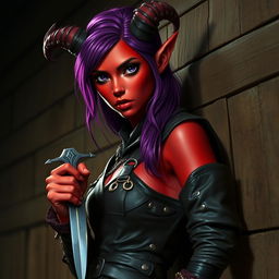 A neutral female tiefling rogue with vibrant red skin and striking purple hair