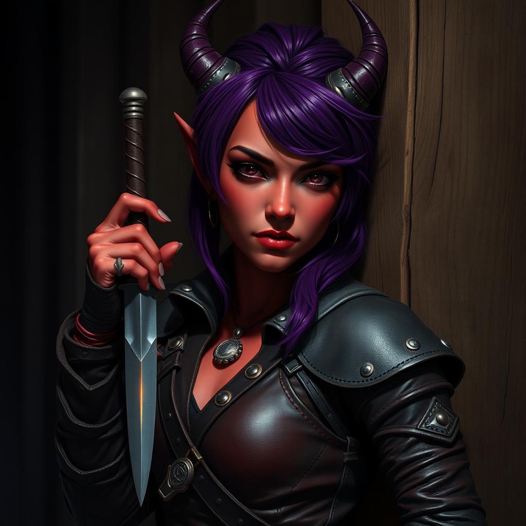 A neutral female tiefling rogue with vibrant red skin and striking purple hair