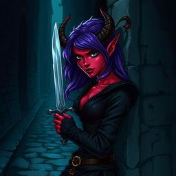 A female tiefling rogue with striking red skin, reflective black eyes, and flowing, vivid purple hair