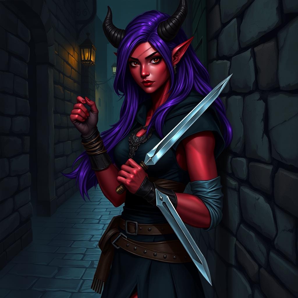 A female tiefling rogue with striking red skin, reflective black eyes, and flowing, vivid purple hair