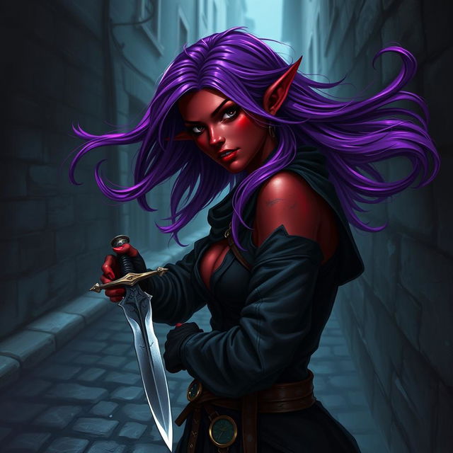 A female tiefling rogue with striking red skin, reflective black eyes, and flowing, vivid purple hair