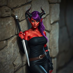 A female tiefling rogue standing casually against a rough stone wall, showcasing her striking red skin and vibrant purple hair