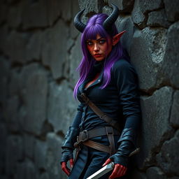 A female tiefling rogue standing casually against a rough stone wall, showcasing her striking red skin and vibrant purple hair