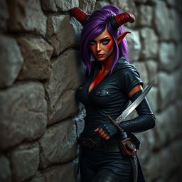 A female tiefling rogue standing casually against a rough stone wall, showcasing her striking red skin and vibrant purple hair
