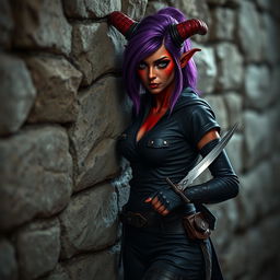 A female tiefling rogue standing casually against a rough stone wall, showcasing her striking red skin and vibrant purple hair