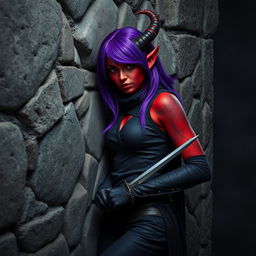 A female tiefling rogue standing casually against a rough stone wall, showcasing her striking red skin and vibrant purple hair