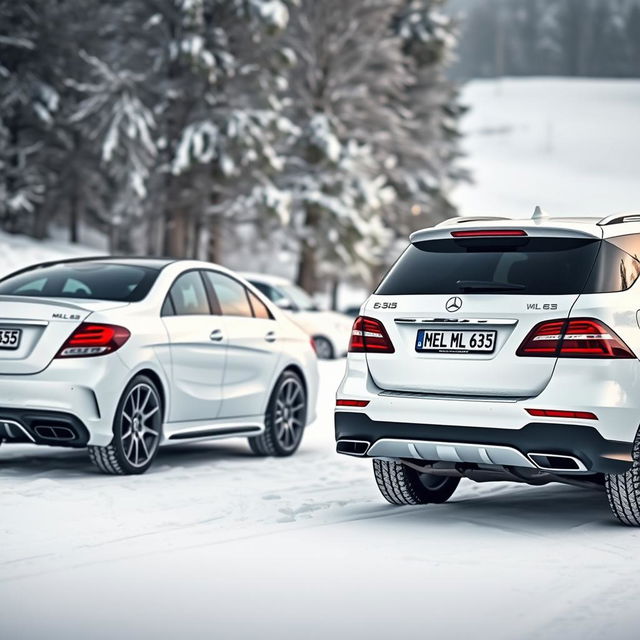 A stunning winter scene featuring two luxurious Mercedes vehicles