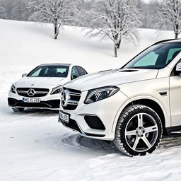 A stunning winter scene featuring two luxurious Mercedes vehicles