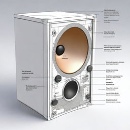 This is a detailed 3D digital rendering of a speaker box, showing both the exterior and interior components