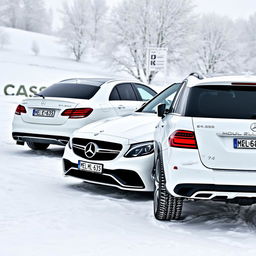 A stunning winter scene featuring two luxurious Mercedes vehicles