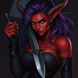 A female tiefling rogue with striking red skin, deep black eyes that appear mischievous, and flowing purple hair