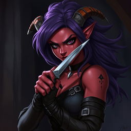 A female tiefling rogue with striking red skin, deep black eyes that appear mischievous, and flowing purple hair