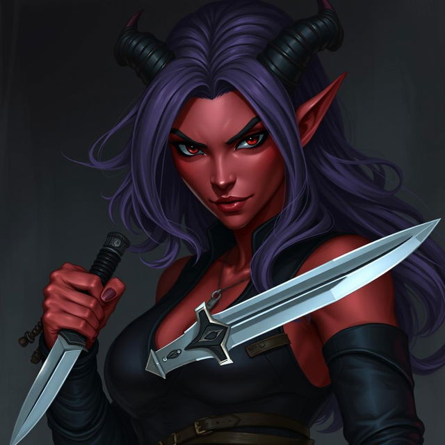 A female tiefling rogue with striking red skin, deep black eyes that appear mischievous, and flowing purple hair