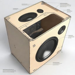 This is a detailed 3D digital rendering of a speaker box, showing both the exterior and interior components