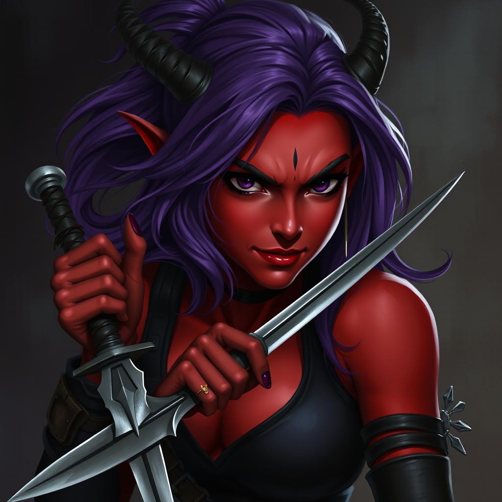 A female tiefling rogue with striking red skin, deep black eyes that appear mischievous, and flowing purple hair