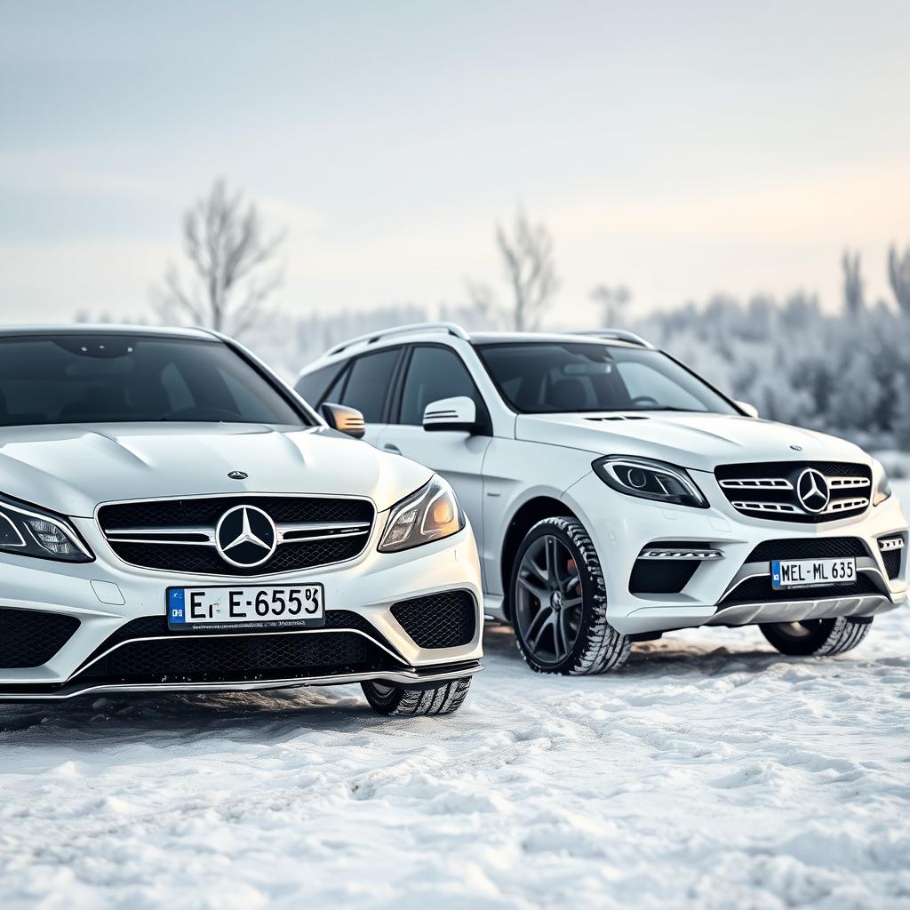 A picturesque winter scene showcasing two stunning white Mercedes vehicles