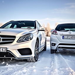 A picturesque winter scene showcasing two stunning white Mercedes vehicles